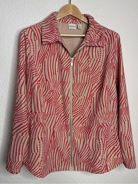 Zenergy by Chico's Red Gold Abstract Print Zip Jacket Sz 2/L Old Money Style